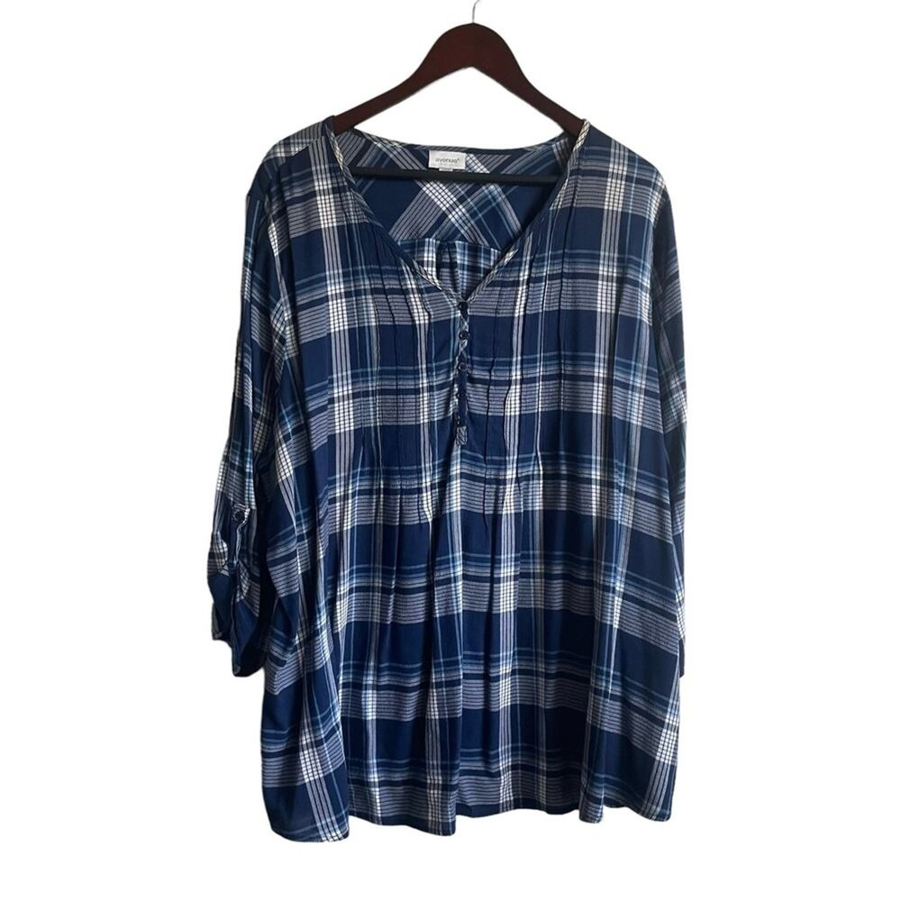 Avenue Womens Plaid Henley Tunic Top 22/24 Blue Rayon Roll Tab Boho Peasant